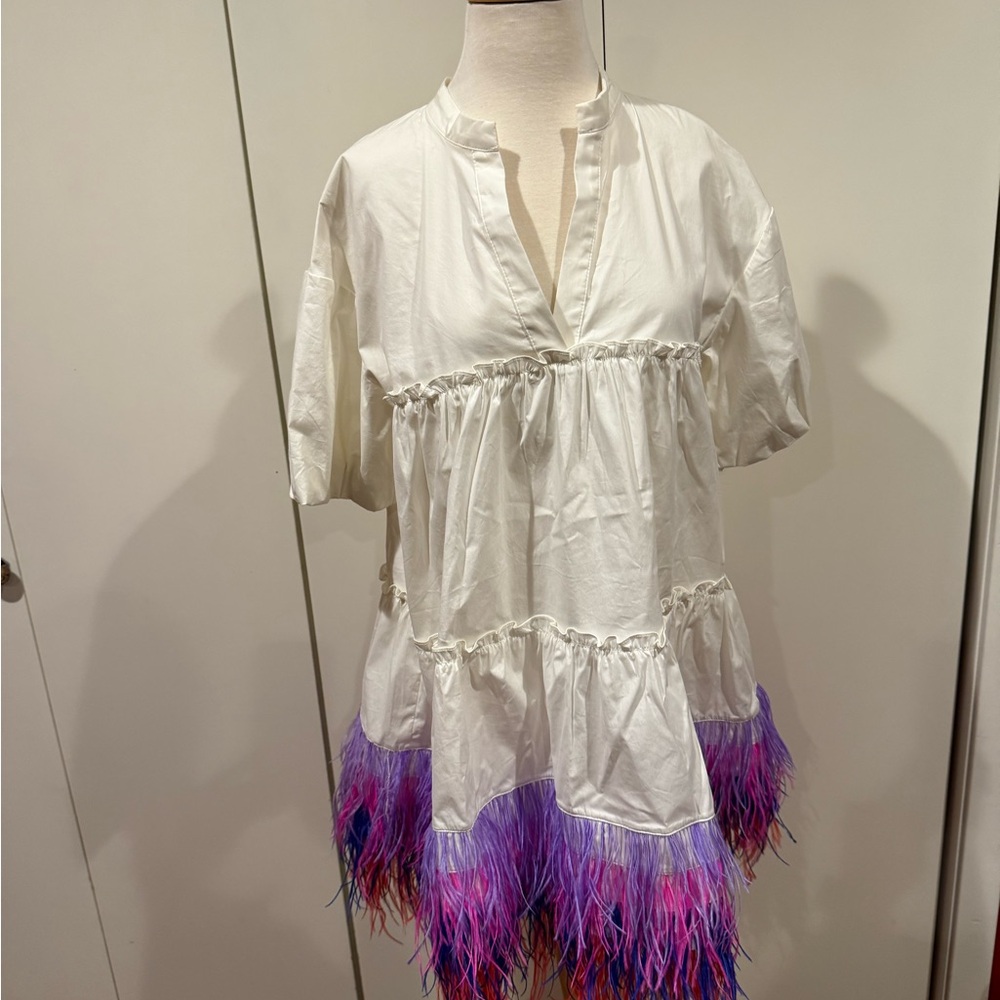 Blue B Collection White Dress with Purple Pink, blue & Red  Feather Trim, NWT, S